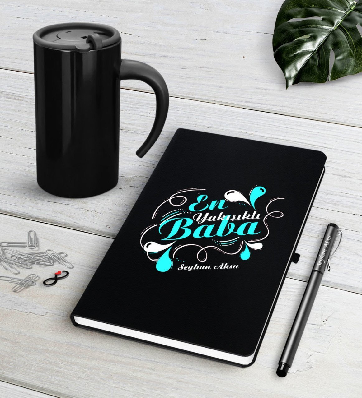 Kişiye Özel En Yakışıklı Baba Siyah Defter Kalem Termos Mug Seti