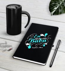 Kişiye Özel En Yakışıklı Baba Siyah Defter Kalem Termos Mug Seti