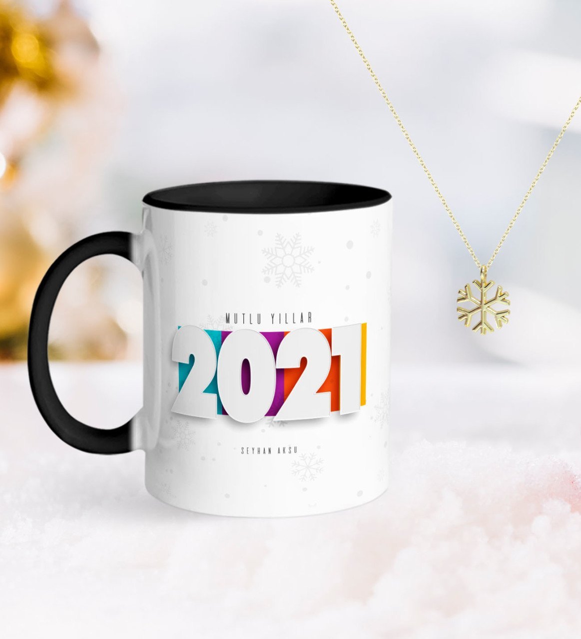 BK Gift Kişiye Özel 2023 Mutlu Yıllar Siyah Kupa ve Kar Tanesi Kolye-5