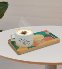 Kişiye Özel Modern Art Tasarımlı Doğal Ahşap Tabaklı Seramik Fincan Sunum Seti  Model 10