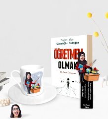 Kişiye Özel Tesettürlü Kadın Öğretmen Karikatürlü Türk Kahvesi Fincanı Ahşap Kitap Ayracı ve Öğretmen Olmak Kitabı Hediye Seti-1