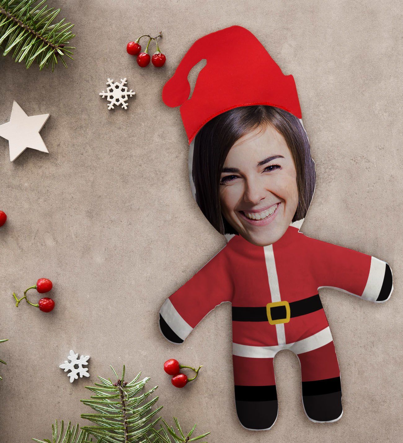 BK Gift Kişiye Özel Fotoğraflı Yılbaşı Kostümlü Kadın Bebek Yastık-1
