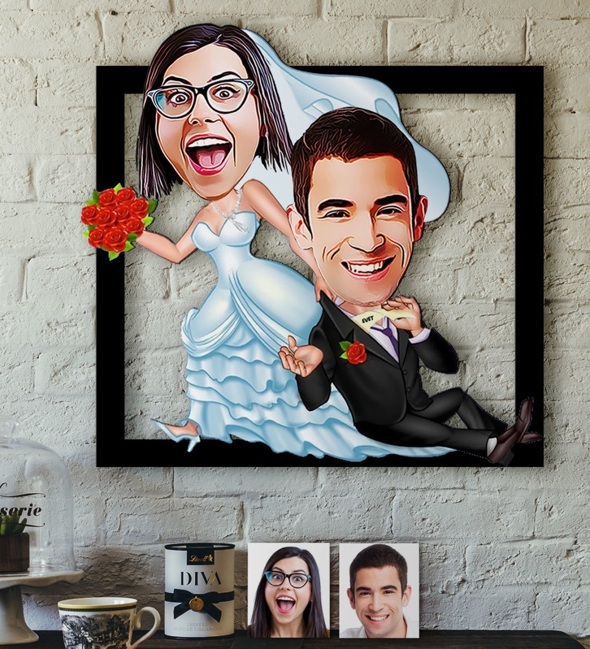 Kişiye Özel Evleniyoruz Karikatürlü 3D Ahşap Tablo-2