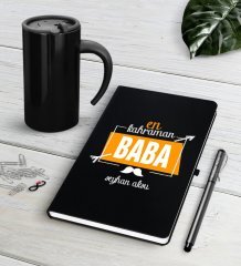 Kişiye Özel En Kahraman Baba Siyah Defter Kalem Termos Mug Seti