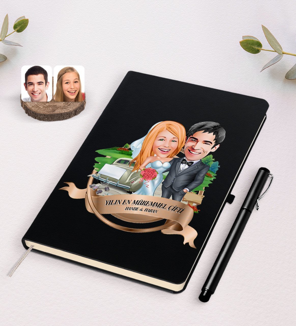 Kişiye Özel Yılın En Mükemmel Çifti Karikatürlü Siyah Defter ve Kalem Hediye Seti-66