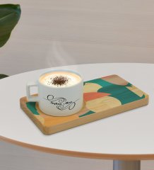 Kişiye Özel Modern Art Tasarımlı Doğal Ahşap Tabaklı Seramik Fincan Sunum Seti  Model 9