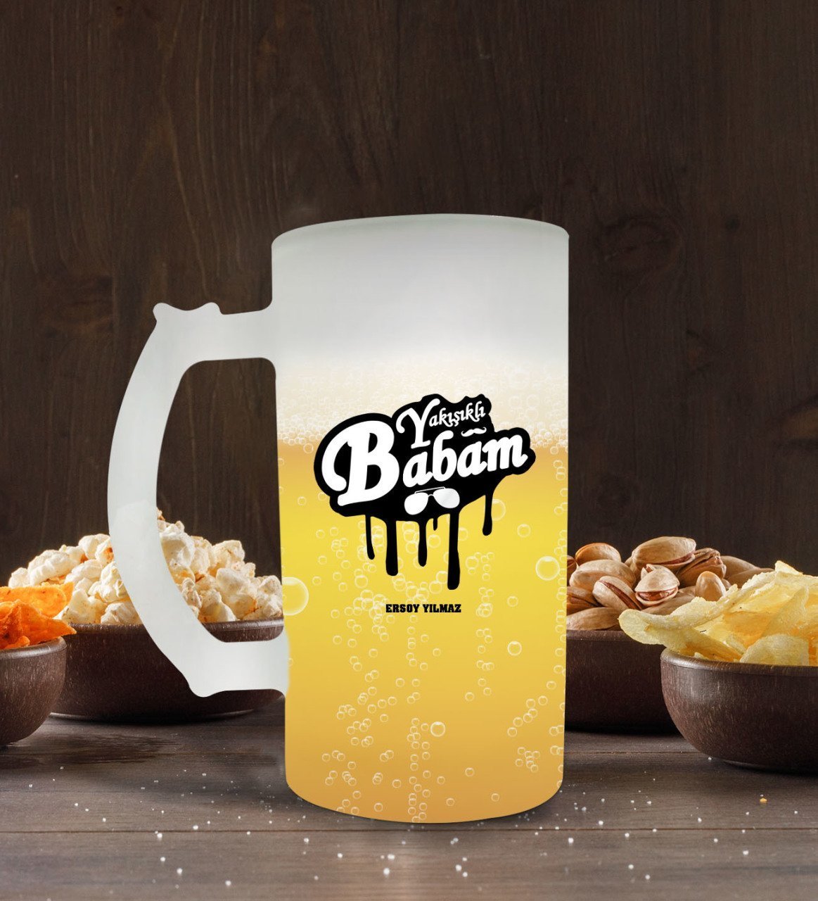 Kişiye Özel Yakışıklı Babam Tasarımlı Buzlu Cam Bira Bardağı 50cl-1
