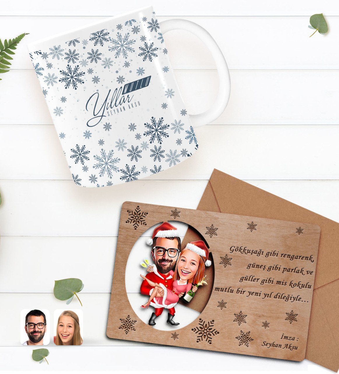 Kişiye Özel Happy New Year Kupa Bardak ve Retro Ahşap Yılbaşı Tebrik Kartı Hediye Seti-7F