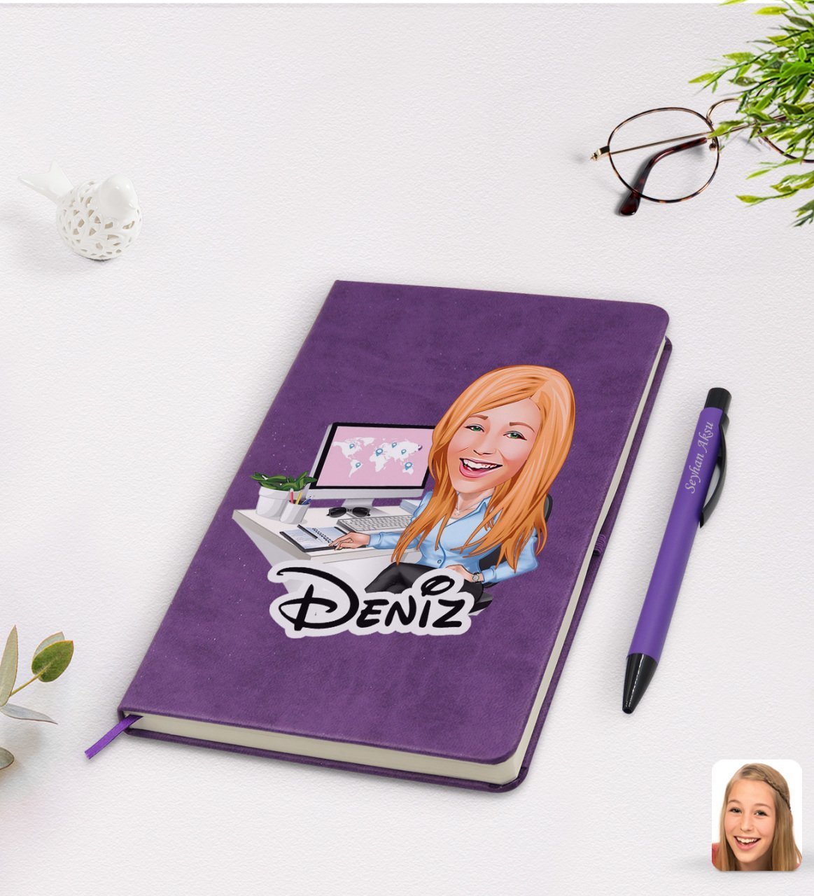 Kişiye Özel Kadın Genel Müdür Karikatürlü Mor Termo Deri Defter Kalem Seti Model 1