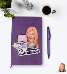 Kişiye Özel Kadın Genel Müdür Karikatürlü Mor Termo Deri Defter Kalem Seti Model 1