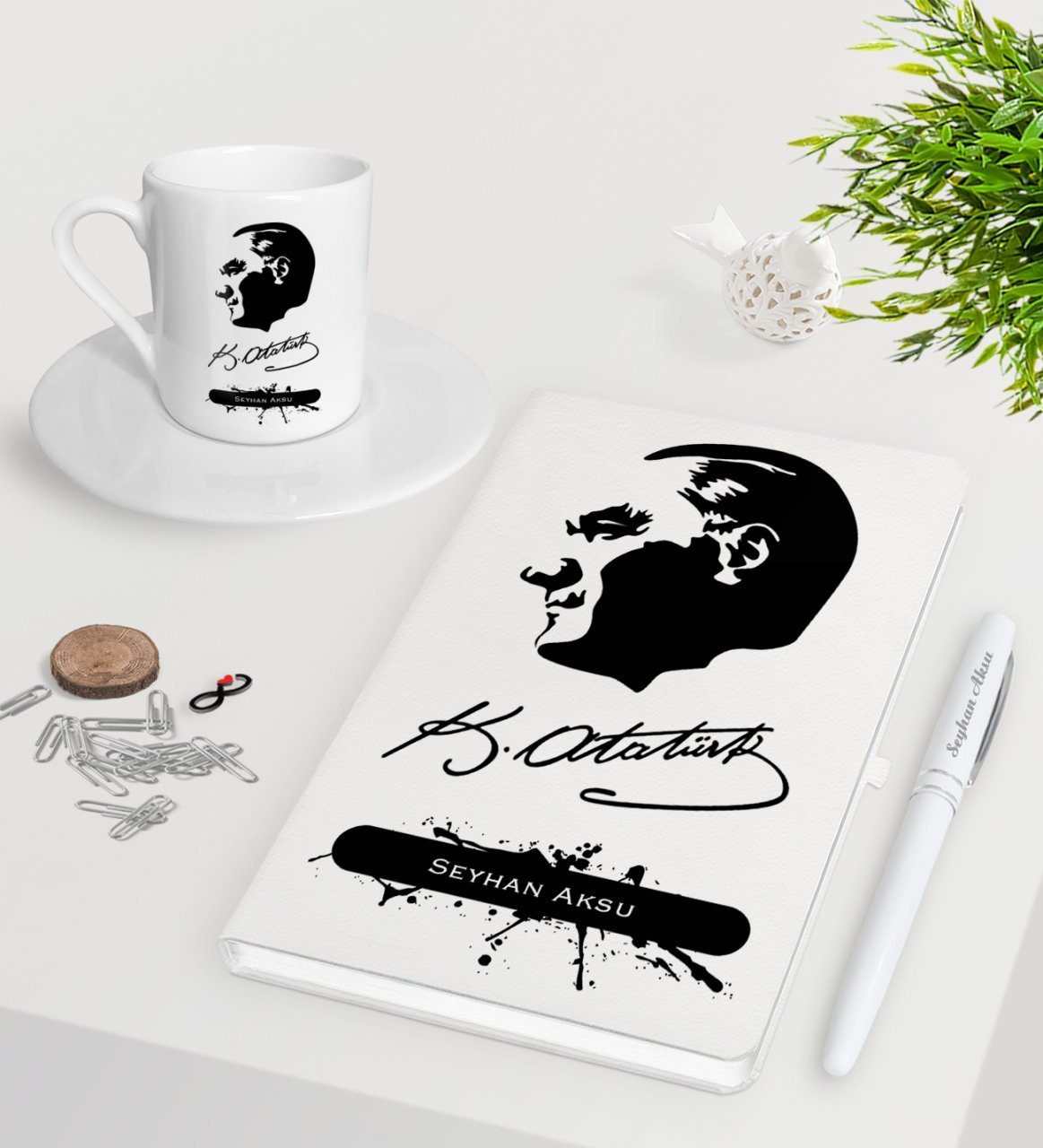 Kişiye Özel Atatürk Temalı Beyaz Defter Kalem Türk Kahvesi Fincanı Seti-4