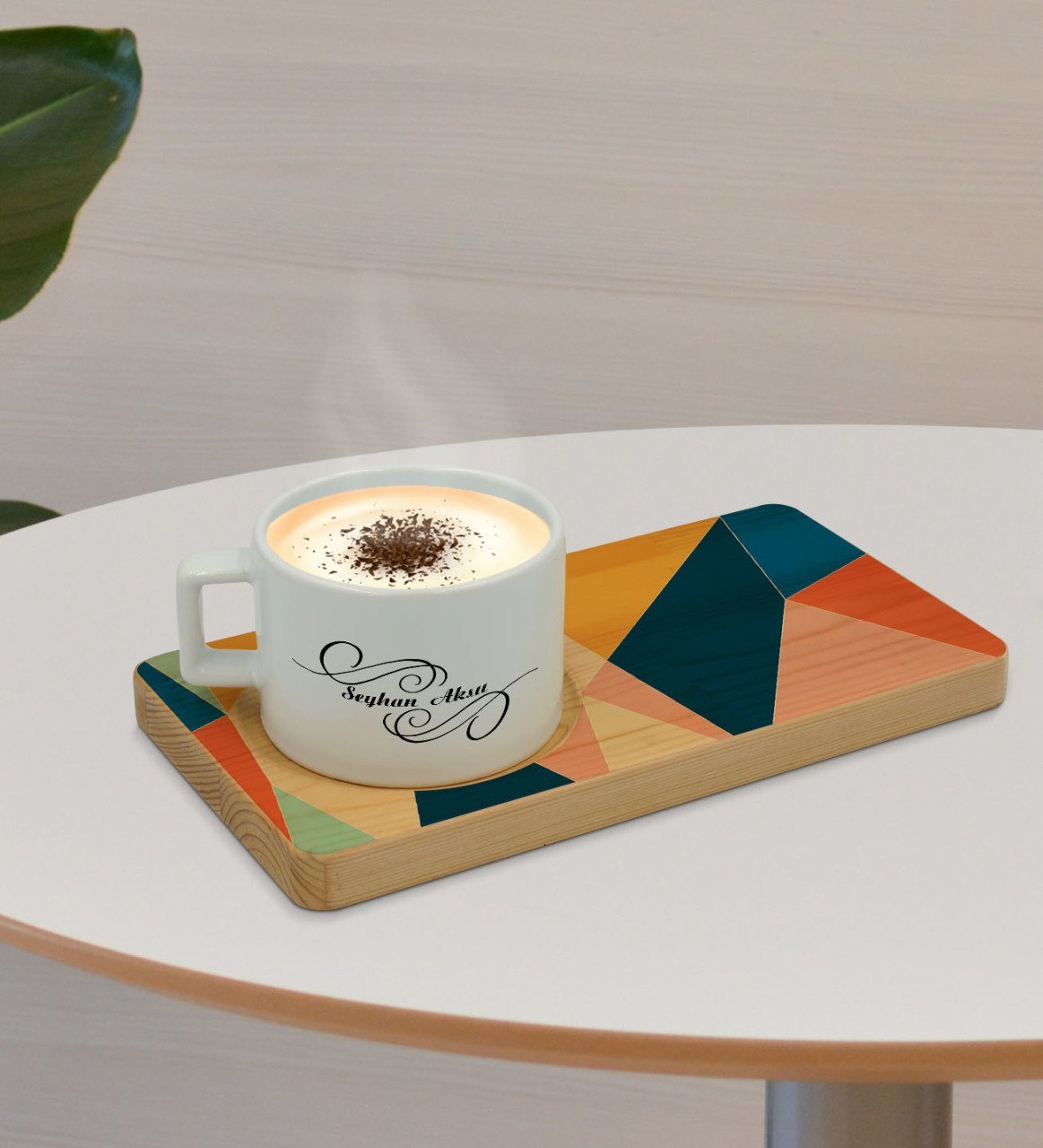 Kişiye Özel Modern Art Tasarımlı Doğal Ahşap Tabaklı Seramik Fincan Sunum Seti  Model 8