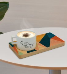 Kişiye Özel Modern Art Tasarımlı Doğal Ahşap Tabaklı Seramik Fincan Sunum Seti  Model 8
