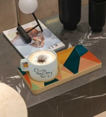 Kişiye Özel Modern Art Tasarımlı Doğal Ahşap Tabaklı Seramik Fincan Sunum Seti  Model 8