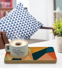 Kişiye Özel Modern Art Tasarımlı Doğal Ahşap Tabaklı Seramik Fincan Sunum Seti  Model 8
