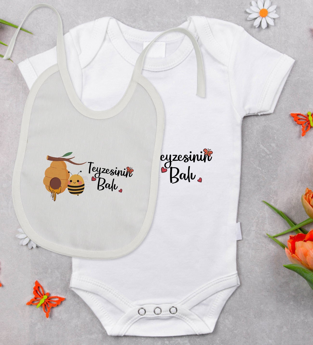 BK Kids Teyzesinin Balı Tasarımlı Bebek Body Zıbın ve Mama Önlüğü Hediye Seti - Model 1