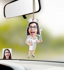 Kişiye Özel Hemşire Karikatürlü Ahşap Araba Dikiz Ayna Süsü-1