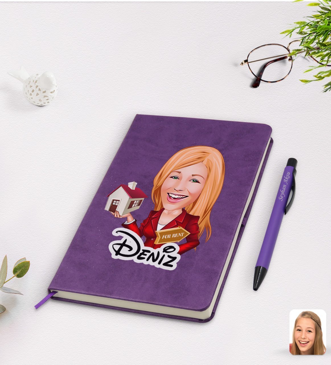 Kişiye Özel Kadın Emlakçı Karikatürlü Mor Termo Deri Defter Kalem Seti Model 2
