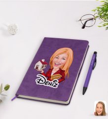 Kişiye Özel Kadın Emlakçı Karikatürlü Mor Termo Deri Defter Kalem Seti Model 2