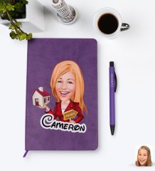 Kişiye Özel Kadın Emlakçı Karikatürlü Mor Termo Deri Defter Kalem Seti Model 2