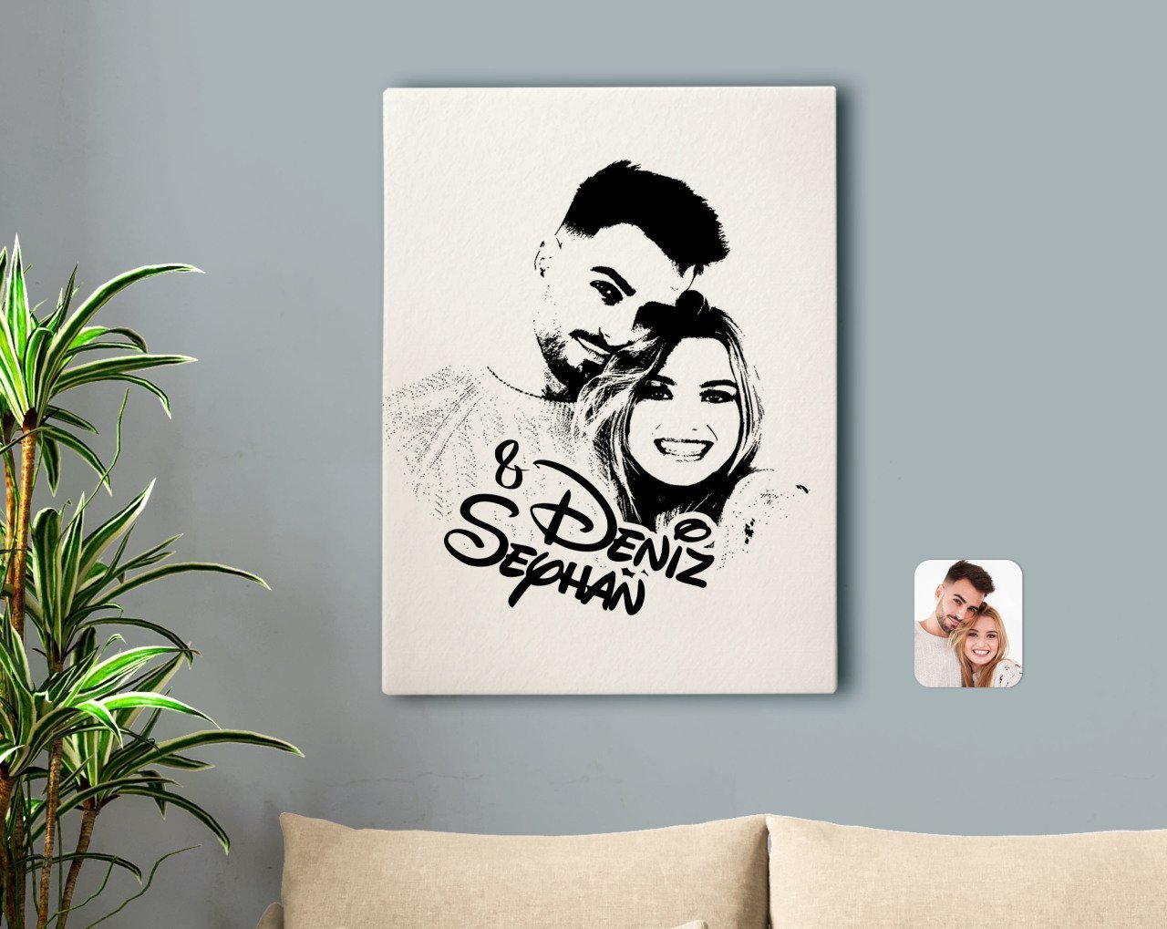 Kişiye Özel İsimli Sevgililer Silüet Kanvas Tablo 30x50cm-1B