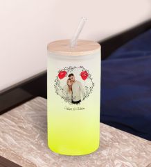 BK Gift İsimli Fotoğraflı Sarı Renk Pipetli Buzlu Cam Bardak 600ml - 2, Arkadaşa Hediye, Doğum Günü Hediyesi