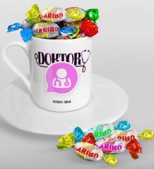 Kişiye Özel Doktor Türk Kahvesi Fincanı ve Haribo Şeker Hediye Seti-12