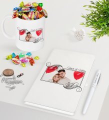 Kişiye Özel İsimli Fotoğraflı Beyaz Defter Kalem Kupa ve Haribo Şeker Hediye Seti-32