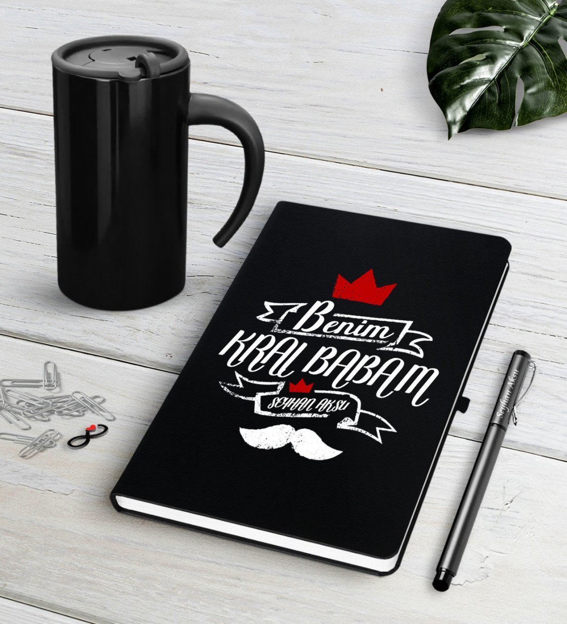 Kişiye Özel Benim Kral Babam Siyah Defter Kalem Termos Mug Seti