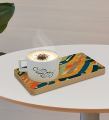Kişiye Özel Modern Art Tasarımlı Doğal Ahşap Tabaklı Seramik Fincan Sunum Seti  Model 7