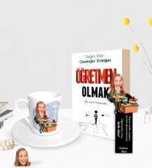 Kişiye Özel Kadın Öğretmen Karikatürlü Türk Kahvesi Fincanı Ahşap Kitap Ayracı ve Öğretmen Olmak Kitabı Hediye Seti-4