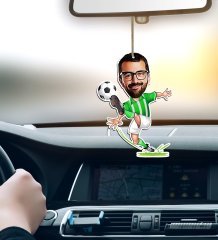 Kişiye Özel Yeşil Beyaz Futbolcu Karikatürlü Ahşap Araba Dikiz Ayna Süsü