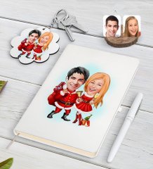 Kişiye Özel Yeni Yıl Sevgililer Karikatürlü Beyaz Defter Kalem ve Anahtarlık Hediye Seti-3