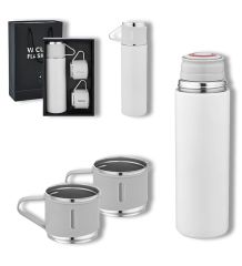 BK Gift Paslanmaz Çelik 500ml 3 Bardaklı Sızdırmaz Termos Seti-Beyaz, Vakumlu Termos Set