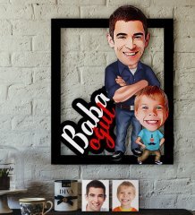 Kişiye Özel Baba-Oğul Karikatürlü 3D Ahşap Tablo-5
