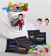 Kişiye Özel Baba Kız Karikatürlü Türk Kahvesi Fincanı Selamlique Karışık Türk Kahvesi ve Haribo Şeker Hediye Seti-4