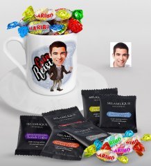 Kişiye Özel Evin Reisi Karikatürlü Türk Kahvesi Fincanı Selamlique Karışık Türk Kahvesi ve Haribo Şeker Hediye Seti-1
