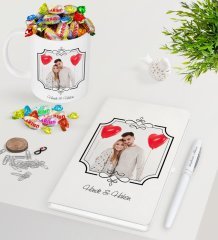 Kişiye Özel İsimli Fotoğraflı Beyaz Defter Kalem Kupa ve Haribo Şeker Hediye Seti-31