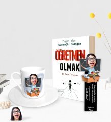 Kişiye Özel Kadın Öğretmen Karikatürlü Türk Kahvesi Fincanı Ahşap Kitap Ayracı ve Öğretmen Olmak Kitabı Hediye Seti-2