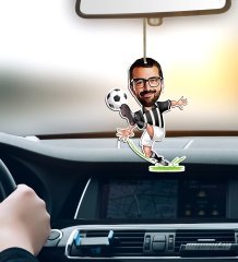 Kişiye Özel Siyah Beyaz Futbolcu Karikatürlü Ahşap Araba Dikiz Ayna Süsü