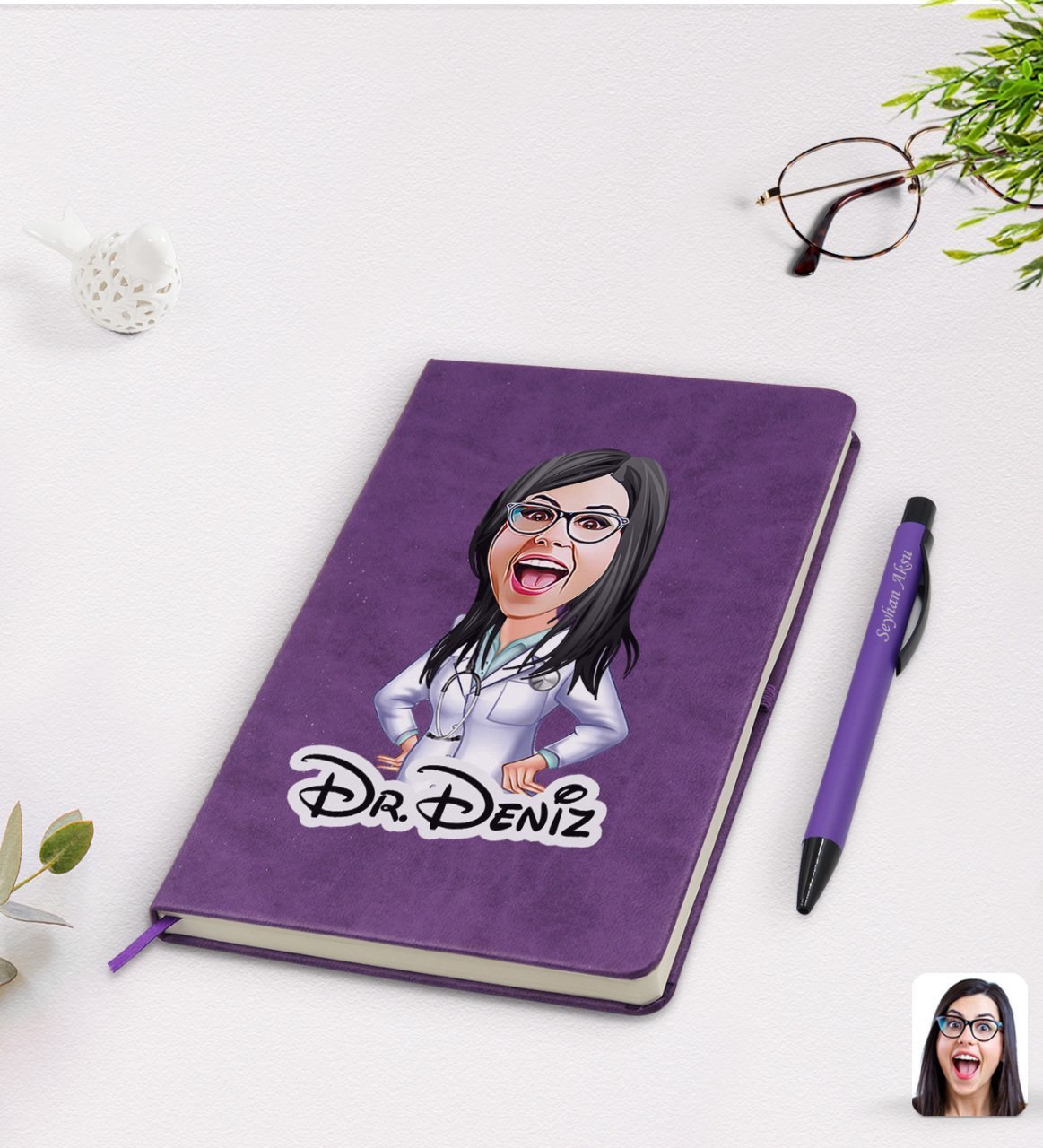Kişiye Özel Kadın Doktor Karikatürlü Mor Termo Deri Defter Kalem Seti Model 1