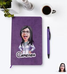 Kişiye Özel Kadın Doktor Karikatürlü Mor Termo Deri Defter Kalem Seti Model 1