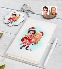 Kişiye Özel Yeni Yıl Sevgililer Karikatürlü Beyaz Defter Kalem ve Anahtarlık Hediye Seti-2