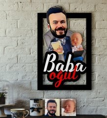 Kişiye Özel Baba-Oğul Karikatürlü 3D Ahşap Tablo-4