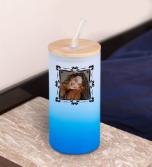 BK Gift Fotoğraflı Mavi Renk Pipetli Buzlu Cam Bardak 600ml - 2, Arkadaşa Hediye, Doğum Günü Hediyesi