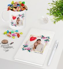 Kişiye Özel İsimli Fotoğraflı Beyaz Defter Kalem Kupa ve Haribo Şeker Hediye Seti-30