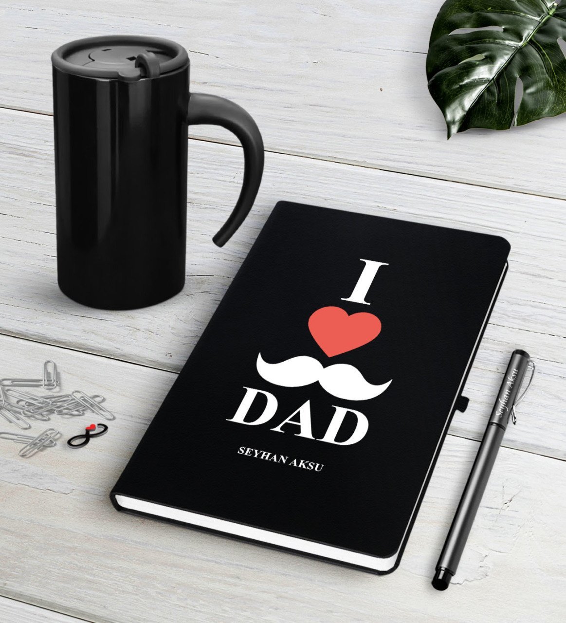 Kişiye Özel Babamı Seviyorum Siyah Defter Kalem Termos Mug Seti