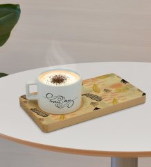 Kişiye Özel Modern Art Tasarımlı Doğal Ahşap Tabaklı Seramik Fincan Sunum Seti  Model 5