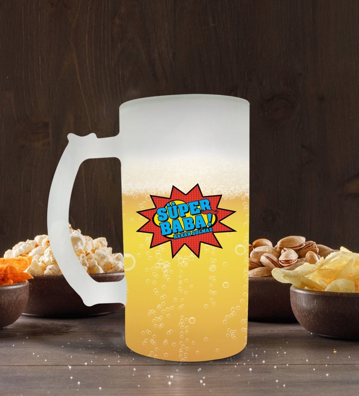 Kişiye Özel Süper Baba Tasarımlı Buzlu Cam Bira Bardağı 50cl-2