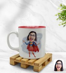 Kişiye Özel Süper Anne Karikatürlü İçi Kırmızı Renkli Kupa Bardak Model 1